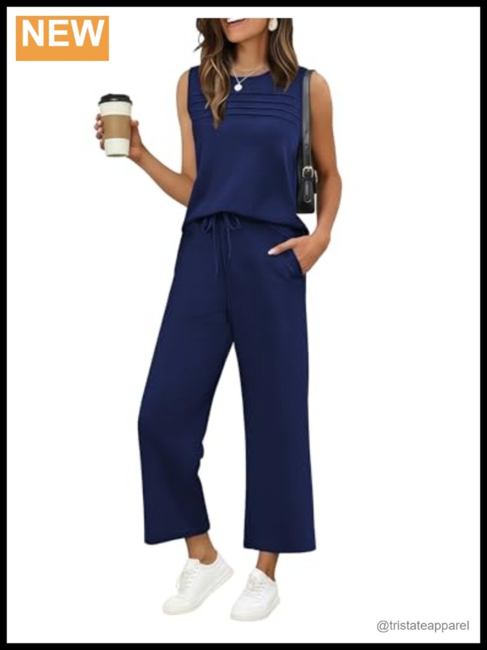 Women's 2 Piece Sleeveless Top and Wide Leg Pants Lounge Set Polyester Spandex